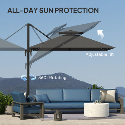 Outsunny 2,5 m parasol wspornikowy z lampami LED zasilanymi energią słoneczną, obrót 360√Ç¬∞, regulacja nachylenia, korba, ciemnoszary