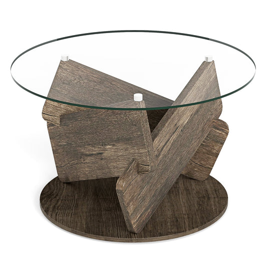 Round Glass Coffee Table 81cm Modern Center Table with Tempered Glass Top-Grey
