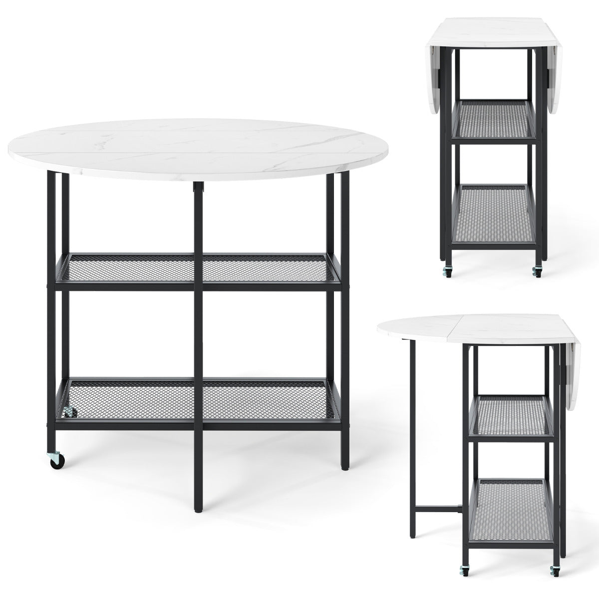 Round Kitchen Table Modern Dining Table with Drop Leaf Tabletop-White