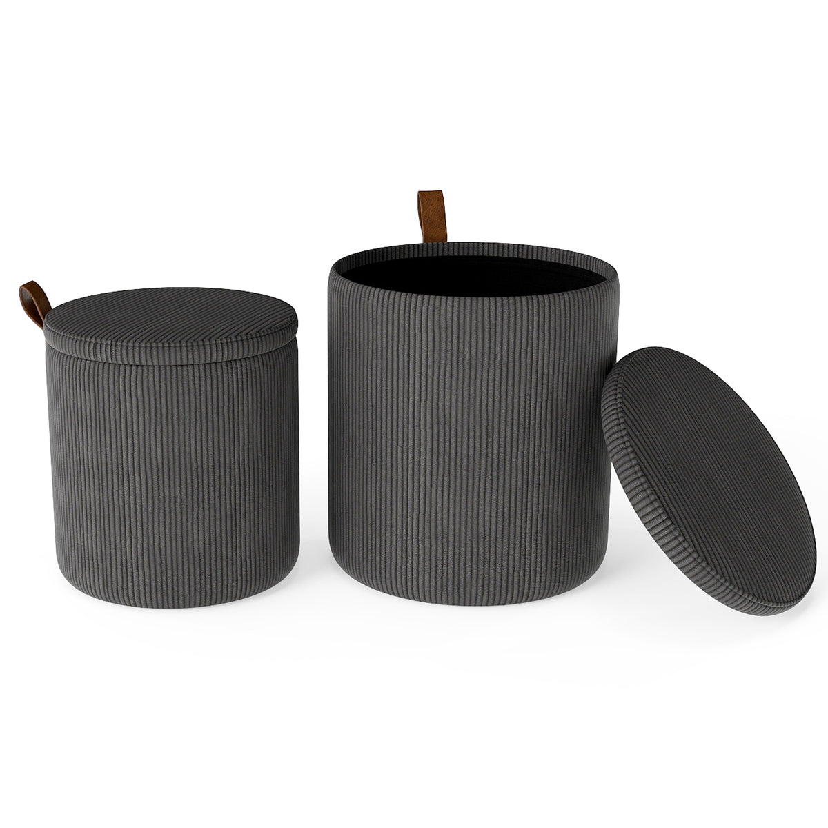 Round Ottoman with Storage Set of 2 with Removable Lids and Padded Seats-Grey