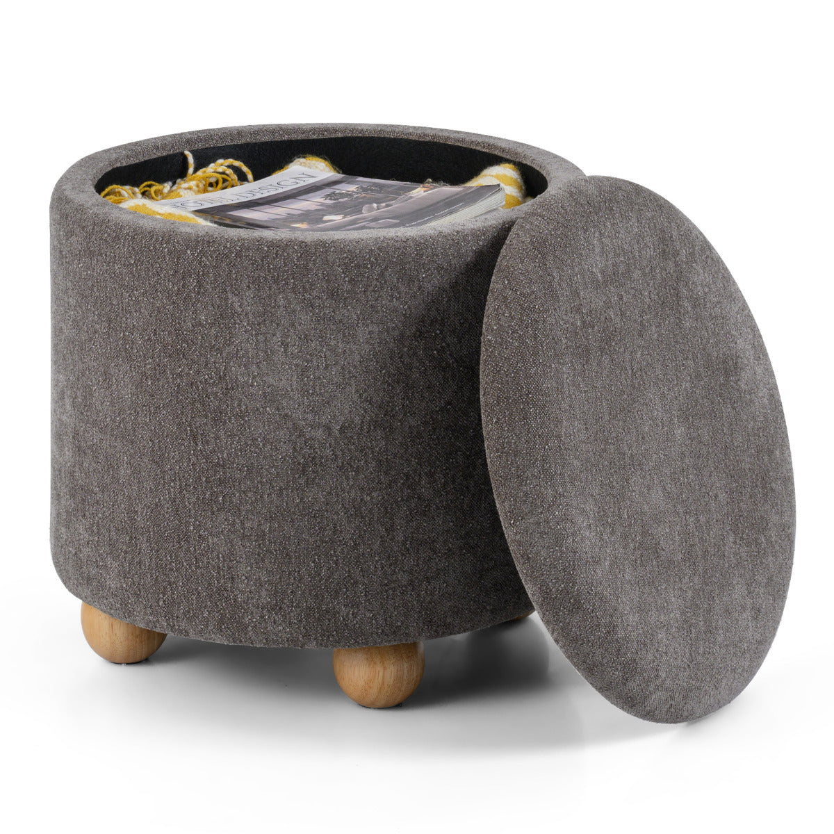 Round Storage Ottoman 45 CM Chenille Fabric Footrest Stool with Removable Lid-Grey