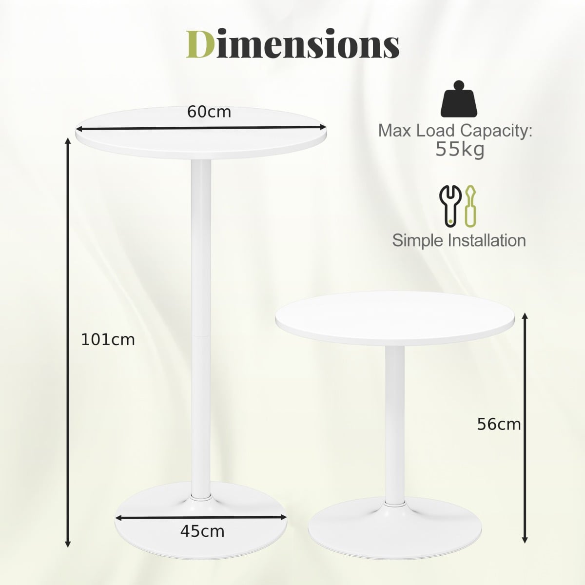 Round Bar Table with Adjustable Height and Metal Base Set of 2-White