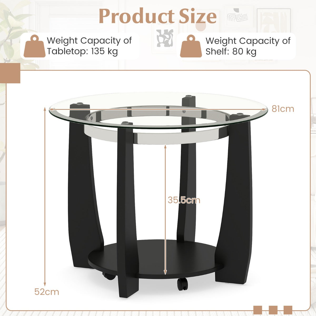 81CM 2-Tier Round Center Table with Storage Shelf and Solid Rubber Wood Legs-Black