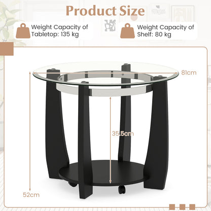 81CM 2-Tier Round Center Table with Storage Shelf and Solid Rubber Wood Legs-Black