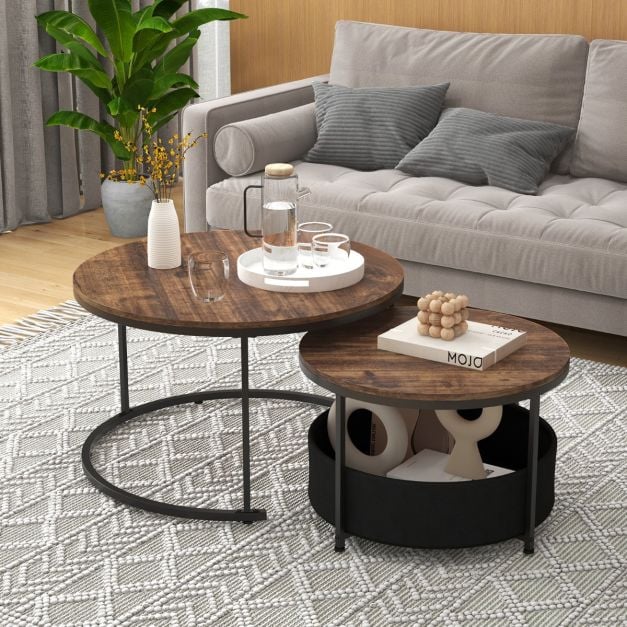 Round Coffee Table Set of 2 with Fabric Storage Basket and Metal Frame-Brown