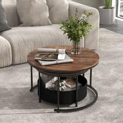 Round Coffee Table Set of 2 with Fabric Storage Basket and Metal Frame-Brown