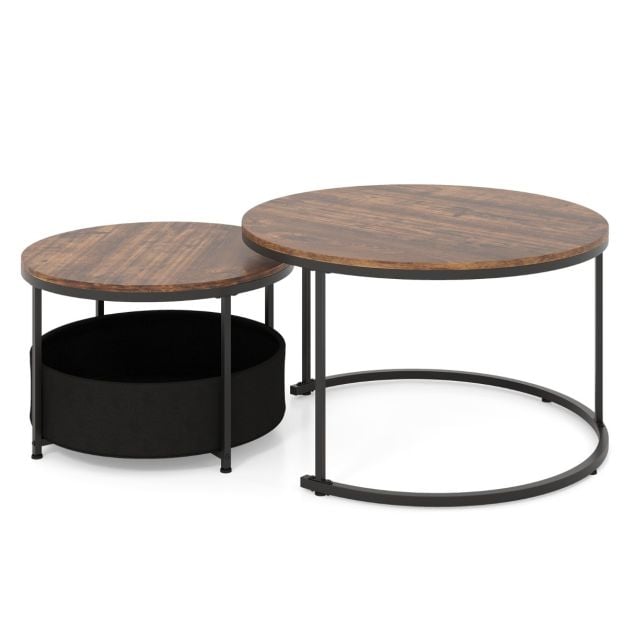 Round Coffee Table Set of 2 with Fabric Storage Basket and Metal Frame-Brown
