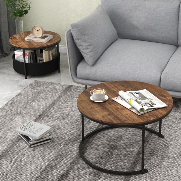 Round Coffee Table Set of 2 with Fabric Storage Basket and Metal Frame-Brown