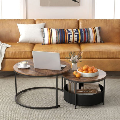 Round Coffee Table Set of 2 with Fabric Storage Basket and Metal Frame-Brown