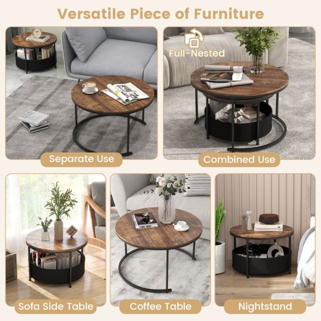Round Coffee Table Set of 2 with Fabric Storage Basket and Metal Frame-Brown