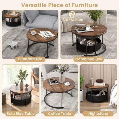 Round Coffee Table Set of 2 with Fabric Storage Basket and Metal Frame-Brown