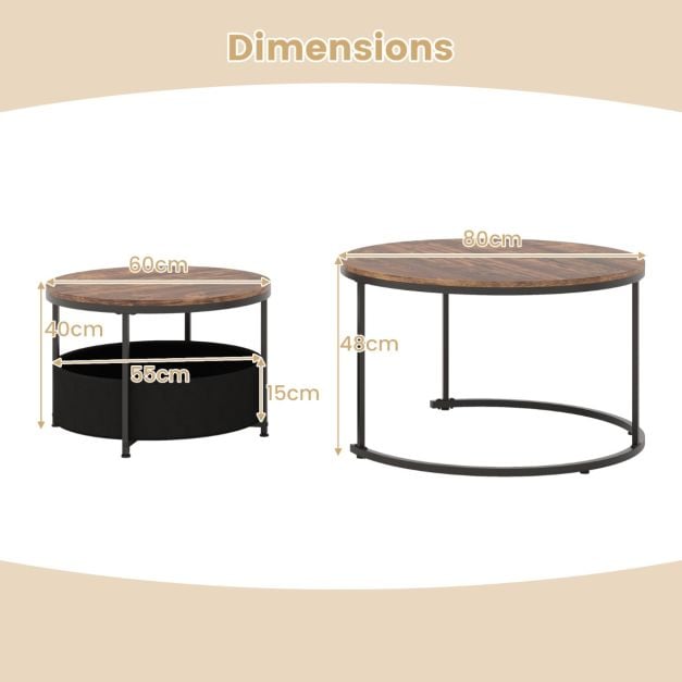 Round Coffee Table Set of 2 with Fabric Storage Basket and Metal Frame-Brown
