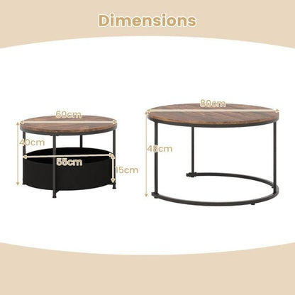 Round Coffee Table Set of 2 with Fabric Storage Basket and Metal Frame-Brown