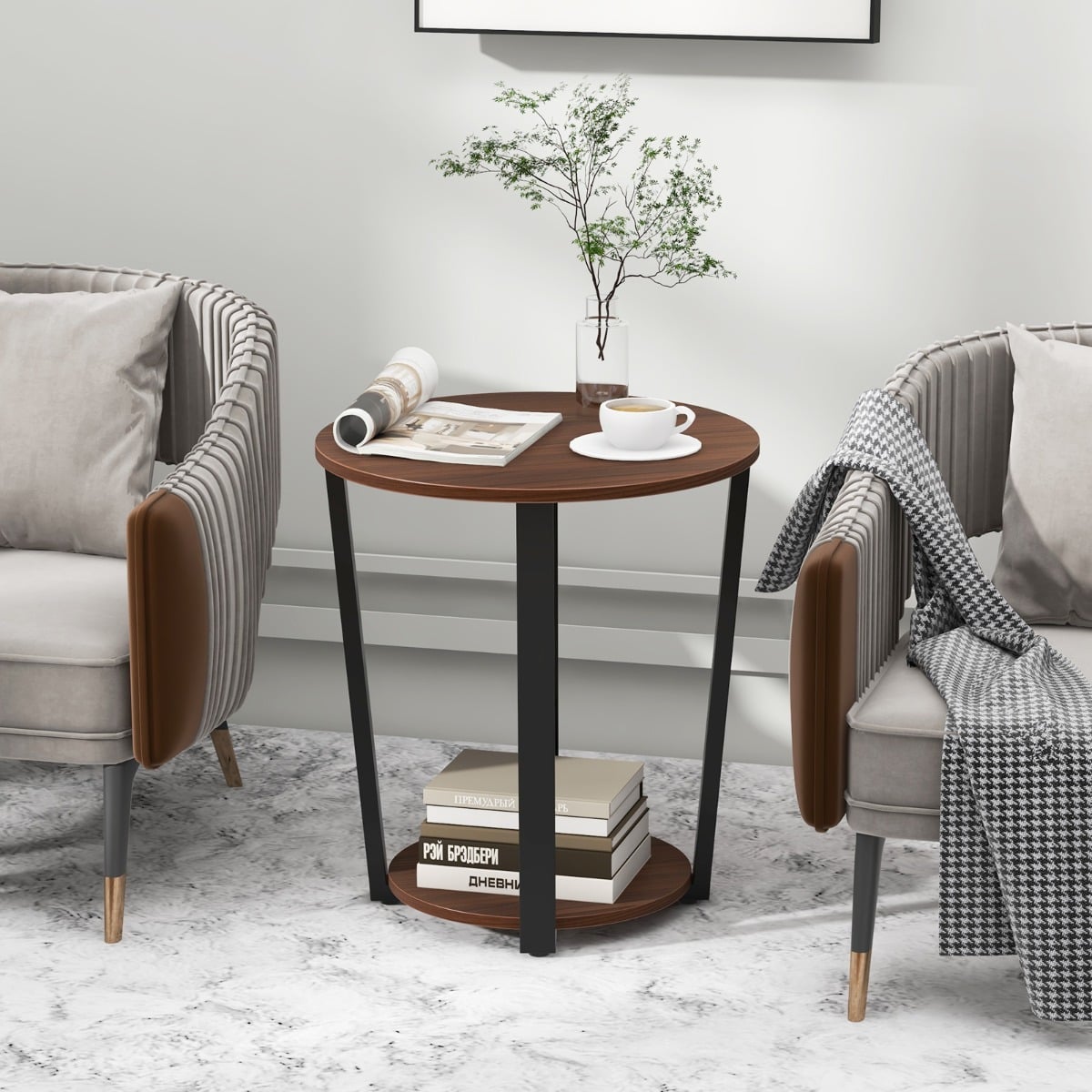 2-Tier Accent Side Table with Open Shelf-Walnut