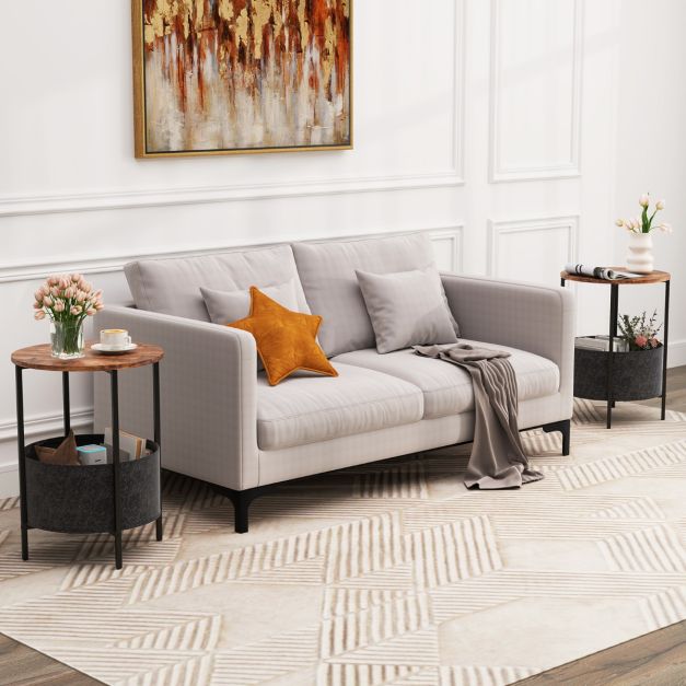 2-Tier Sofa Side Round End Table with Fabric Storage Basket-Rustic Brown