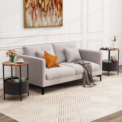 2-Tier Sofa Side Round End Table with Fabric Storage Basket-Rustic Brown