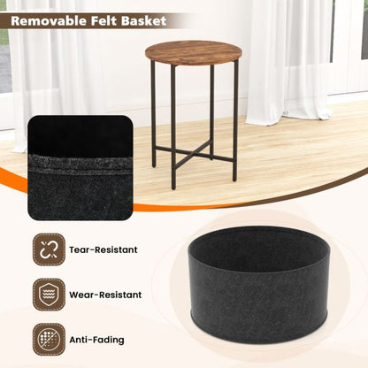 2-Tier Sofa Side Round End Table with Fabric Storage Basket-Rustic Brown