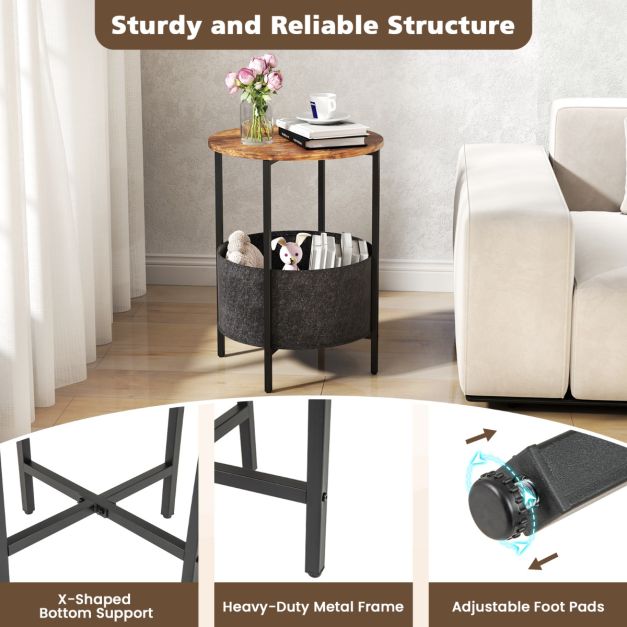 2-Tier Sofa Side Round End Table with Fabric Storage Basket-Rustic Brown