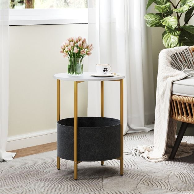 Round End Table for Small Space with Removable Fabric Basket and Metal Frame-White
