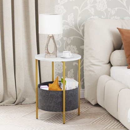 Round End Table for Small Space with Removable Fabric Basket and Metal Frame-White