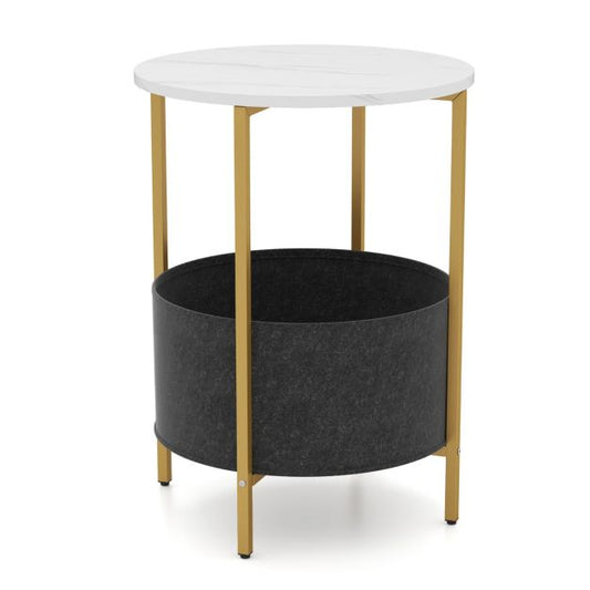 Round End Table for Small Space with Removable Fabric Basket and Metal Frame-White