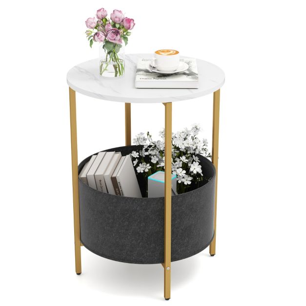 Round End Table for Small Space with Removable Fabric Basket and Metal Frame-White