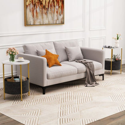 Round End Table for Small Space with Removable Fabric Basket and Metal Frame-White