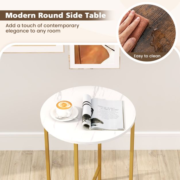 Round End Table for Small Space with Removable Fabric Basket and Metal Frame-White