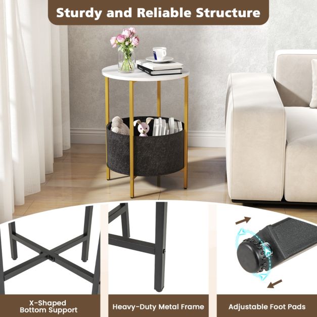 Round End Table for Small Space with Removable Fabric Basket and Metal Frame-White