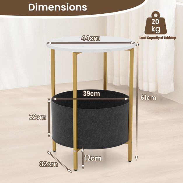 Round End Table for Small Space with Removable Fabric Basket and Metal Frame-White