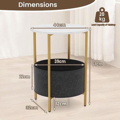 Round End Table for Small Space with Removable Fabric Basket and Metal Frame-White