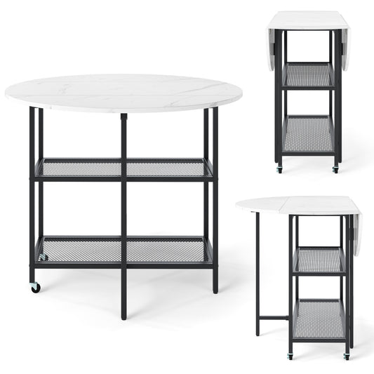 Round Kitchen Table Modern Dining Table with Drop Leaf Tabletop-White