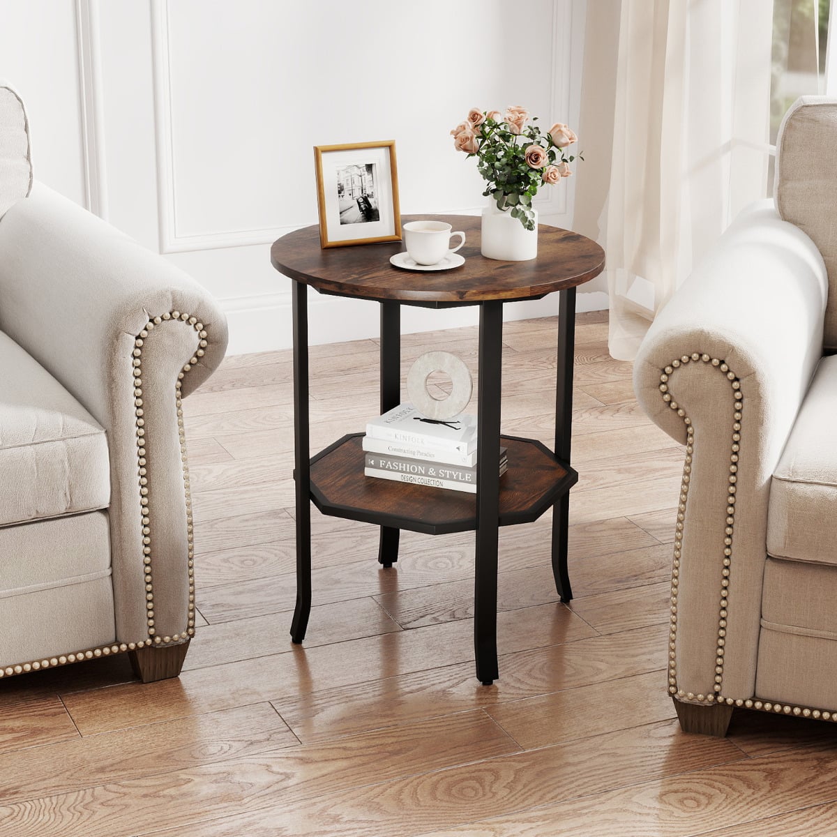 Round Side 2-Tier End Table with Storage Shelf-Rustic Brown