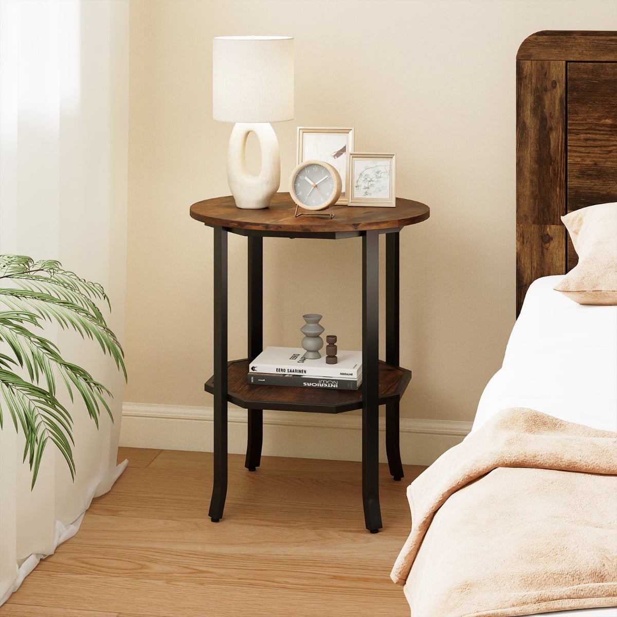 Round Side 2-Tier End Table with Storage Shelf-Rustic Brown