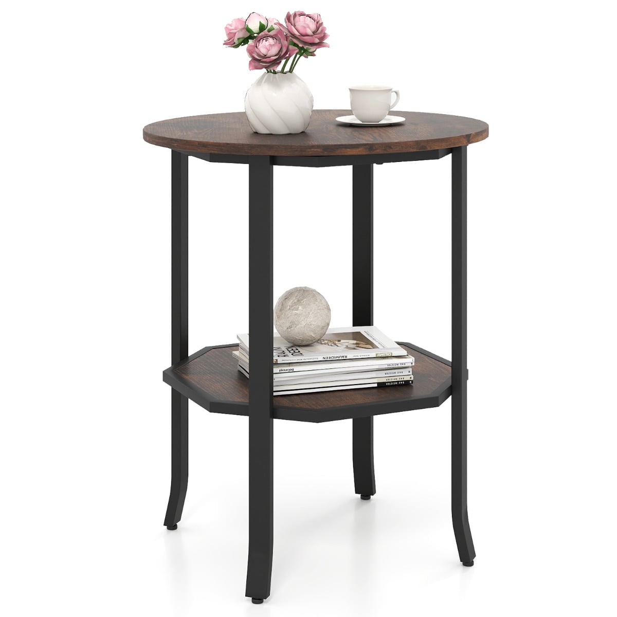 Round Side 2-Tier End Table with Storage Shelf-Rustic Brown