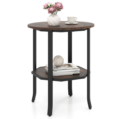 Round Side 2-Tier End Table with Storage Shelf-Rustic Brown