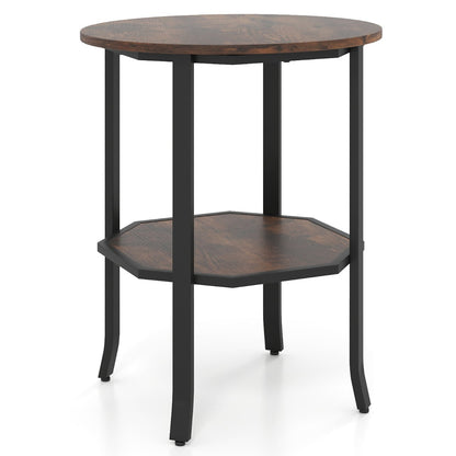 Round Side 2-Tier End Table with Storage Shelf-Rustic Brown