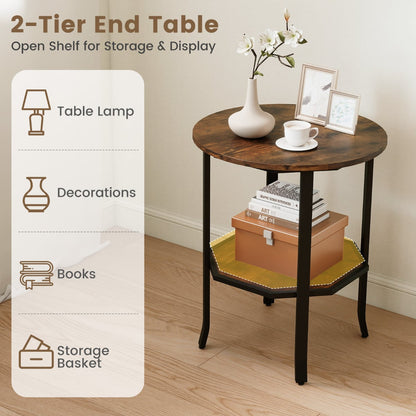 Round Side 2-Tier End Table with Storage Shelf-Rustic Brown