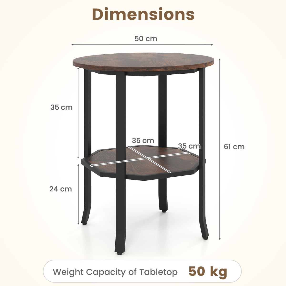 Round Side 2-Tier End Table with Storage Shelf-Rustic Brown