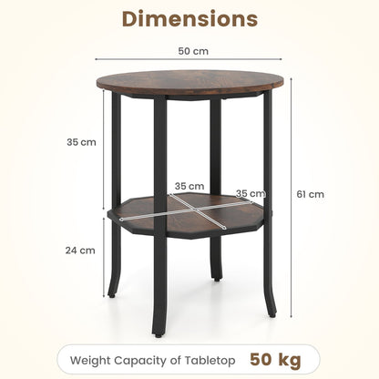 Round Side 2-Tier End Table with Storage Shelf-Rustic Brown