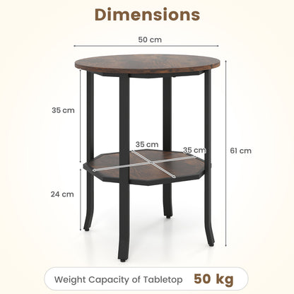 Round Side 2-Tier End Table with Storage Shelf-Rustic Brown