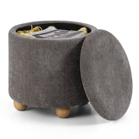 Round Storage Ottoman 45 CM Chenille Fabric Footrest Stool with Removable Lid-Grey