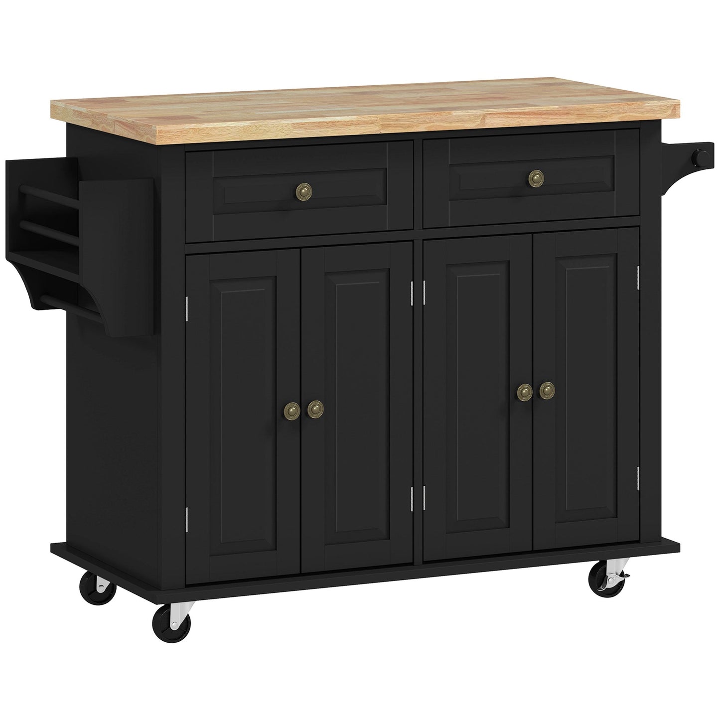 HOMCOM Rolling Kitchen Island Storage Trolley with Rubber Wood Top & Drawers for Dining Room, Black
