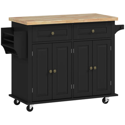 HOMCOM Rolling Kitchen Island Storage Trolley with Rubber Wood Top & Drawers for Dining Room, Black