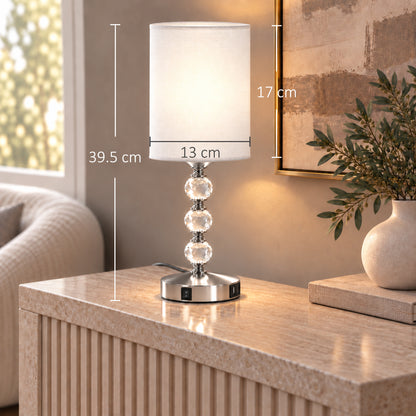 HOMCOM Bedside Lamp, Modern Crystal Decoration Table Lamp w/ PVC shade, USB A+C Charging Ports, Bulb Not Included, Silver Tone
