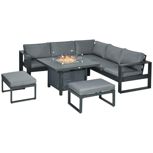 Outsunny 6-Piece Aluminium Garden Furniture Set, Outdoor Conversational Corner Sofa Loveseat Footstool Sectional with Gas Fire Pit Table for Yard, Poolside, Grey