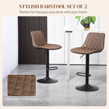 HOMCOM Bar Stools Set of 2, Retro Adjustable Kitchen Stool, Swivel PU Leather Upholstered Bar Chairs with Back, Footrest and Steel Base, Brown