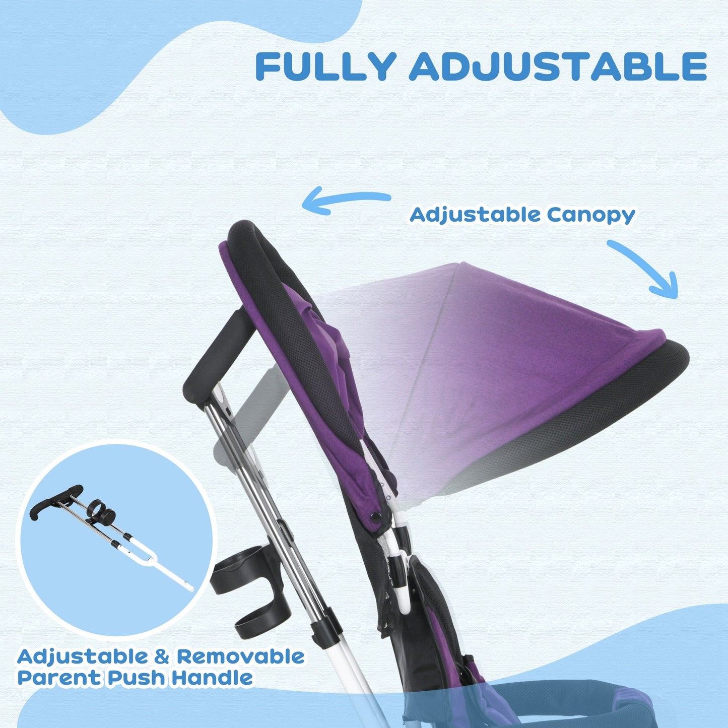 4 in 1 Kids Trike Push Bike w/ Push Handle, Canopy, 5-point Safety Belt, Storage, Footrest, Brake, for 1-5 Years, Purple