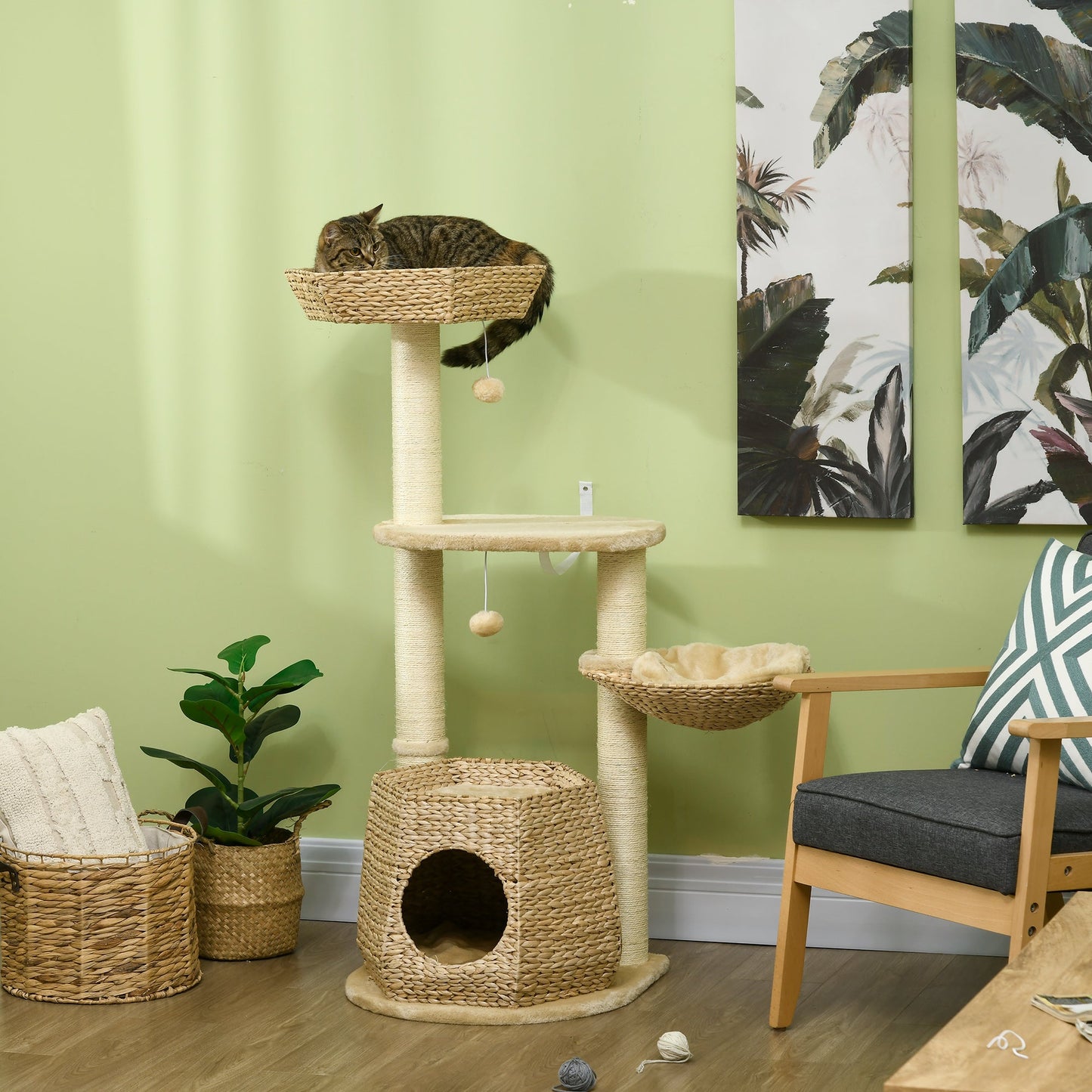 PawHut Cat Tree Activity Centre, with Cattail, Bed, Cat House, Sisal Post, Ball - Natural Tone