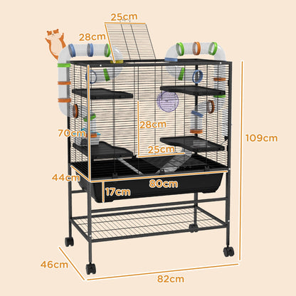 PawHut Large Hamster Cage Gerbil Cage with Tubes, Storage Shelf, Ramps, Platforms, Running Wheel - Black